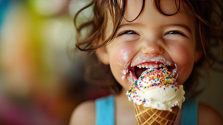 A whimsical photo of a child with a messy face, happily enjoying a double-scoop ice cream cone with rainbow sprinkles.の素材