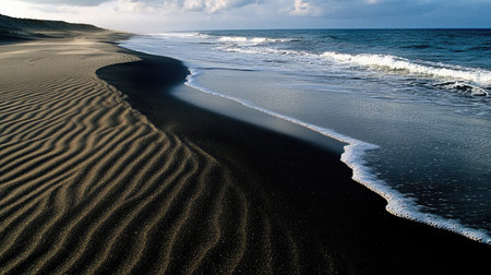 A wind-swept desert beach with patterns in the sand created by the breeze, with waves softly breaking on the shore.の素材