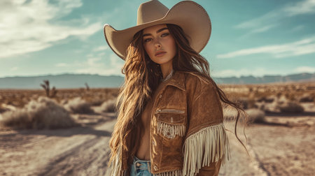 A western-themed fashion shoot, with a model wearing a suede fringe jacket, jeans, and a wide-brimmed hat, in a desert landscape.の素材