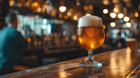 An ice-cold glass of beer with a thick foam head, sitting on a wooden bar with blurred patrons in the background.の素材