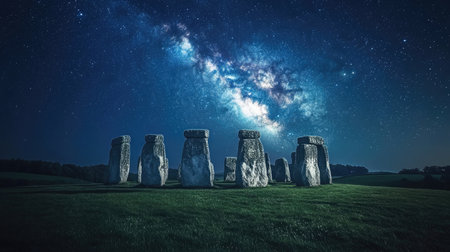 An ancient stone circle under a cosmic sky, with stars twinkling and the Milky Way arching overhead.の素材