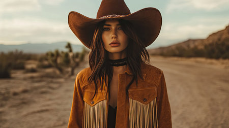 A western-themed fashion shoot, with a model wearing a suede fringe jacket, jeans, and a wide-brimmed hat, in a desert landscape.の素材