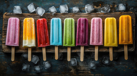 A variety of ice cream popsicles in different flavors, arranged in a row on a rustic wooden board with ice cubes.の素材