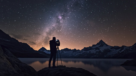 An astrophotographer capturing images of the night sky from a remote location, with a clear view of constellations above.の素材