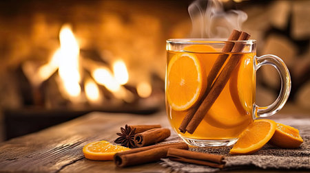 A winter-themed hot cider with cinnamon sticks and orange slices, steam rising against a cozy fireplace setting.の素材