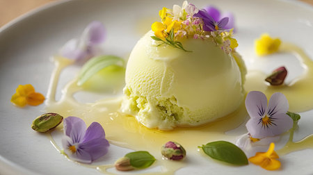 An elegant dessert plate featuring a scoop of pistachio gelato with a drizzle of honey and garnished with edible flowers.の素材
