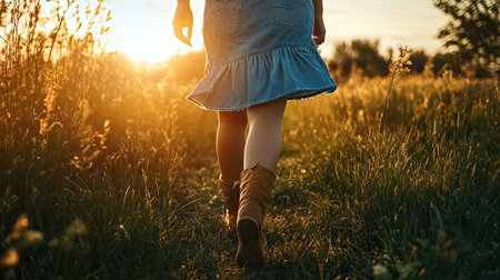 A woman wearing a western-style denim dress and boots, walking through a grassy meadow at sunset.の素材