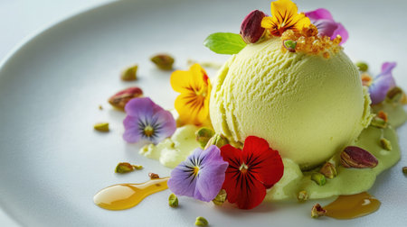 An elegant dessert plate featuring a scoop of pistachio gelato with a drizzle of honey and garnished with edible flowers.の素材