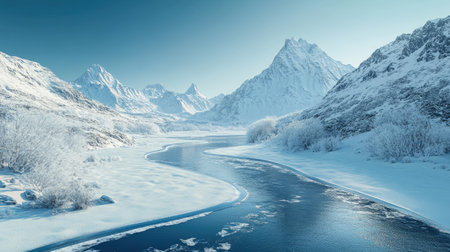 A winter landscape with a frozen river winding through a snow-covered mountain valley, with a clear sky above.の素材