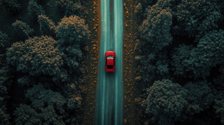 An overhead shot of a car on a narrow country road surrounded by lush green fields and forests.の素材