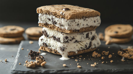 An ice cream sandwich with layers of cookies and cream ice cream, placed on a slate board with crumbled cookie pieces around.の素材