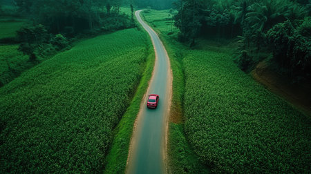 An overhead shot of a car on a narrow country road surrounded by lush green fields and forests.の素材