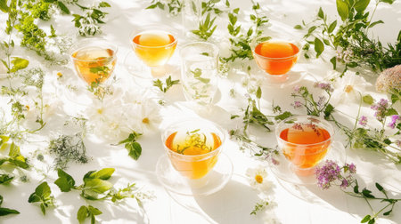A creative setup of different herbal teas in cups, with fresh herbs and flowers scattered around, on a white table.の素材