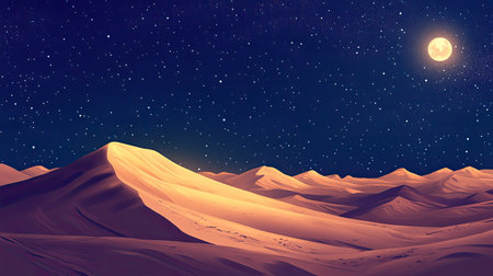 A desert landscape at night, with sand dunes under a blanket of stars and a glowing moon illuminating the scene.の素材