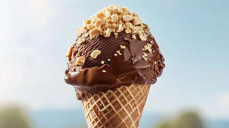 A close-up of a hand-dipped chocolate ice cream cone with a sprinkle of crushed peanuts, set against a summer sky.の素材