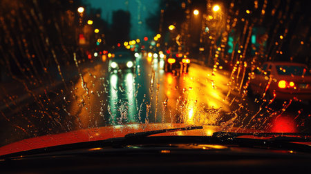 A rainy night drive with windshield wipers moving as a car navigates through a dimly lit street.の素材