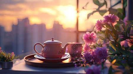 A serene morning scene of a teapot and teacup set on a tray with fresh flowers, on a balcony with a city view.の素材