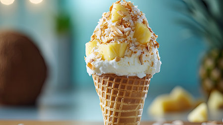 A tropical-themed ice cream cone with flavors like coconut and pineapple, topped with toasted coconut flakes.の素材