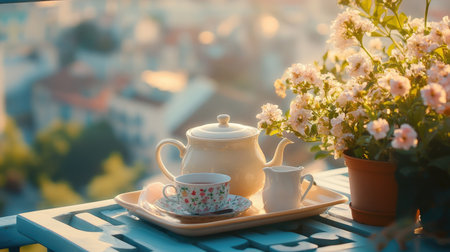 A serene morning scene of a teapot and teacup set on a tray with fresh flowers, on a balcony with a city view.の素材