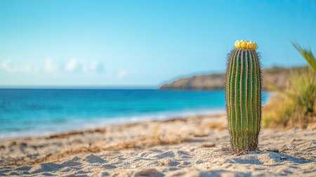 A single cactus growing on a sandy desert beach, with the blue ocean and a clear sky in the background.の素材