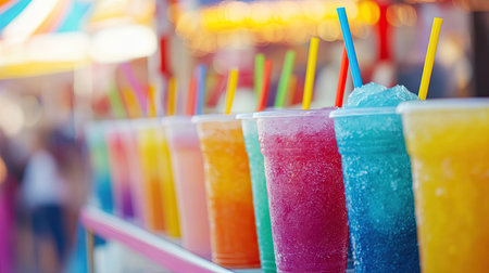 A row of colorful slushies in plastic cups with straws, displayed at a summer fairground.の素材