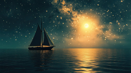 A sailboat drifting on a calm ocean, silhouetted against a star-filled sky with a bright moon in the background.の素材