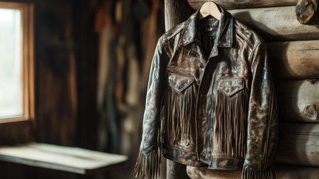 A vintage western leather jacket with fringe, hanging on a wooden peg in a rustic cabin.の素材