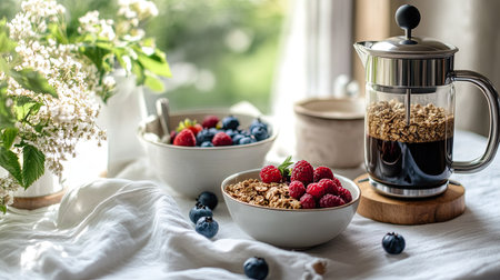 A charming breakfast setup with a French press coffee maker, a bowl of granola, and fresh berries on a white tablecloth.の素材