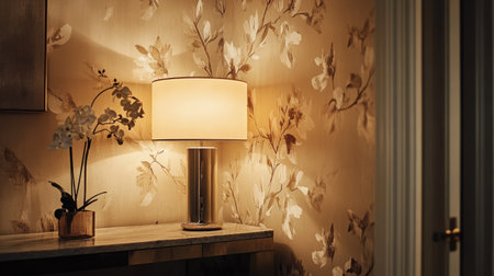 An elegant table lamp with a warm light, placed on a marble console in a hallway, casting shadows that highlight the texture of a floral wallpaper.の素材