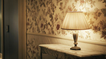 An elegant table lamp with a warm light, placed on a marble console in a hallway, casting shadows that highlight the texture of a floral wallpaper.の素材