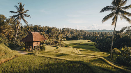 A beautiful landscape of green rice paddies in Bali, with coconut trees and traditional huts under a clear sky.の素材