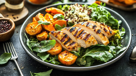 A balanced dinner table with grilled chicken, roasted sweet potatoes, a mixed greens salad, and a side of quinoa, set on a rustic table.の素材