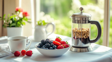 A charming breakfast setup with a French press coffee maker, a bowl of granola, and fresh berries on a white tablecloth.の素材