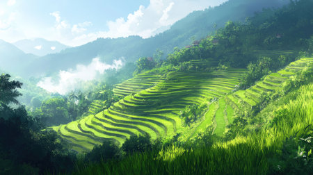 A beautiful landscape of a rice terrace in shades of green, cascading down a hillside under a bright, clear sky.の素材