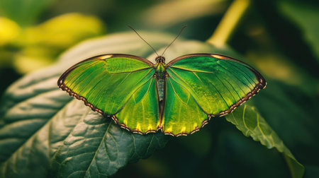 A close-up of a green butterfly resting on a leaf, its delicate wings spread wide to showcase its vibrant color.の素材