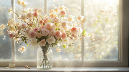 A beautiful, overflowing bouquet of spring blossoms in a tall, clear vase, set on a windowsill with soft morning light streaming through.の素材