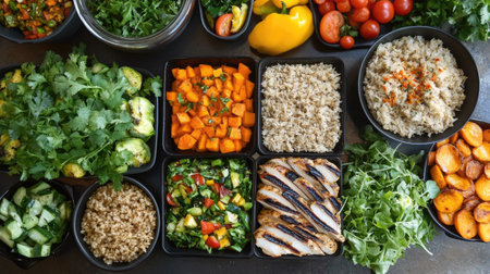 A clean eating spread with various healthy meals, featuring grilled chicken, steamed vegetables, brown rice, and a selection of fresh greens.の素材
