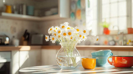 A bright, airy kitchen with a small table featuring a clear glass vase filled with daisies, surrounded by colorful kitchenware.の素材
