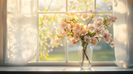 A beautiful, overflowing bouquet of spring blossoms in a tall, clear vase, set on a windowsill with soft morning light streaming through.の素材