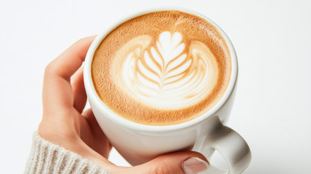 A close-up of a hand holding a latte with perfect foam art, set against a white background, focusing on the coffees details.の素材