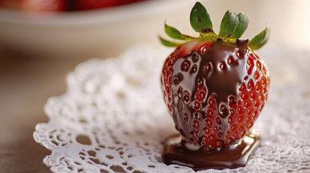 A close-up of a chocolate-covered strawberry, dripping with rich, melted chocolate, placed on a delicate lace doily. Sweet and tempting.の素材