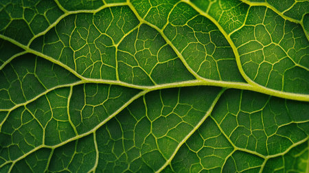 A close-up of a vibrant green leaf with intricate veins, showcasing the natural patterns and textures in great detail.の素材