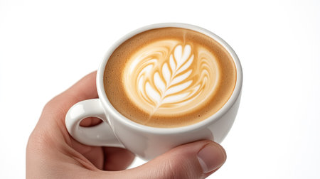 A close-up of a hand holding a latte with perfect foam art, set against a white background, focusing on the coffees details.の素材