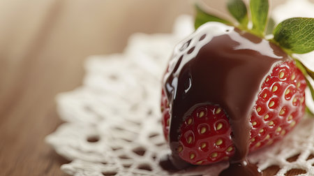A close-up of a chocolate-covered strawberry, dripping with rich, melted chocolate, placed on a delicate lace doily. Sweet and tempting.の素材