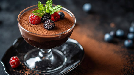An elegant chocolate mousse dessert in a glass cup, garnished with mint leaves, berries, and a dusting of cocoa powder. Sophisticated yet sweet.の素材