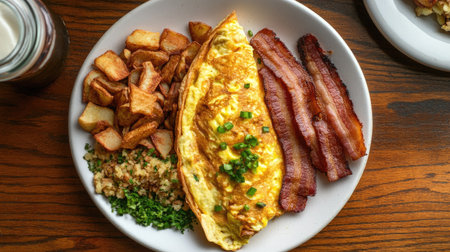 A creative flat lay of an American breakfast with a fluffy omelet, crispy bacon, hash browns, and toast.の素材