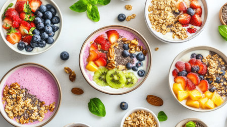 A clean and modern kitchen table set with various smoothie bowls, topped with fresh fruits, nuts, seeds, and granola.の素材