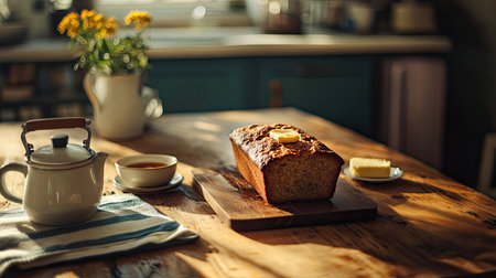 A cozy kitchen table with a freshly baked banana bread loaf, a pot of hot tea, and a small butter dish.の素材