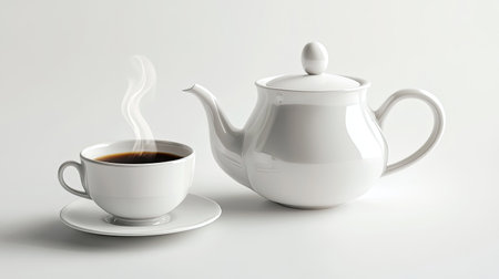 A classic white teapot and cup set filled with hot coffee, with a gentle wisp of steam rising, isolated on a white background.の素材