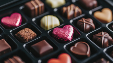 A close-up of a beautifully arranged box of assorted chocolates with heart-shaped pieces and colorful wrappers. Perfect for a romantic gift.の素材
